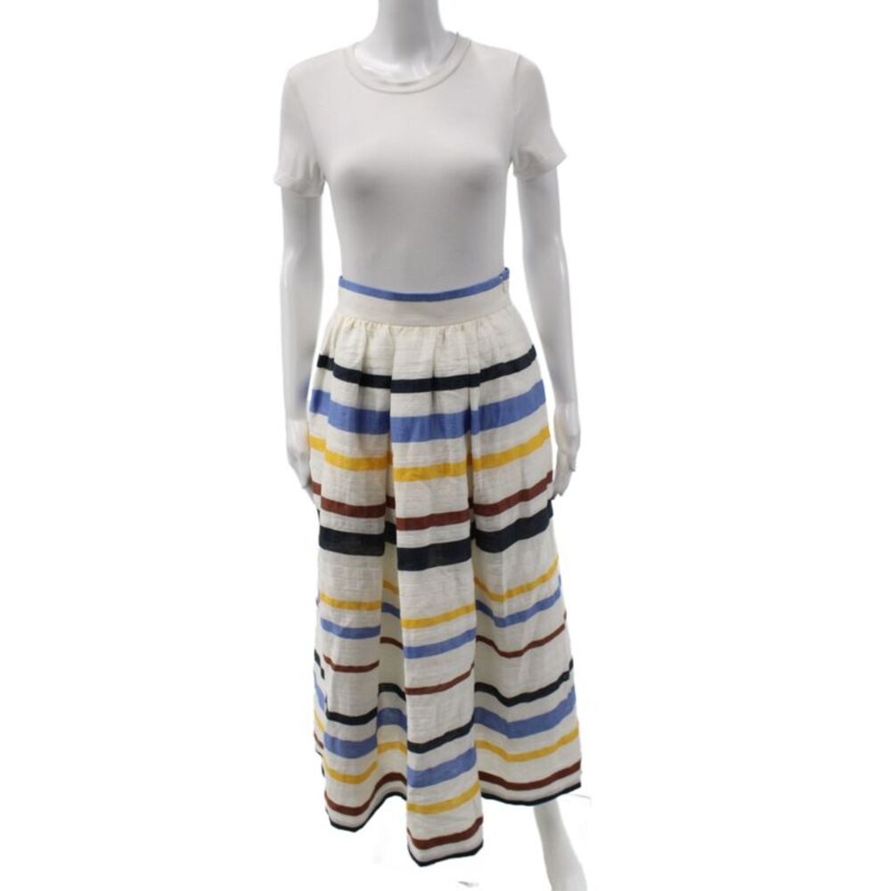 Sara Roka Women White Striped Linen Long Pleated Skirt Size 40